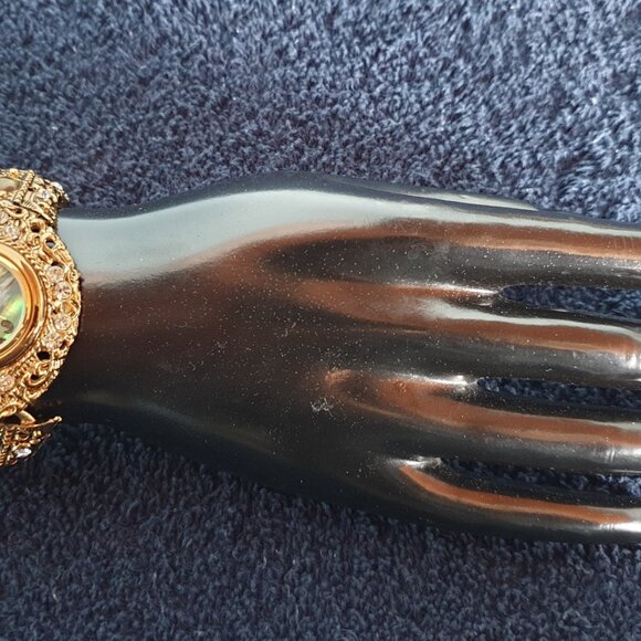 Vintage Jeweled Abalone Rhinestone & Tiger Eye Gold-Plated Japan Quartz Watch - Picture 14 of 16